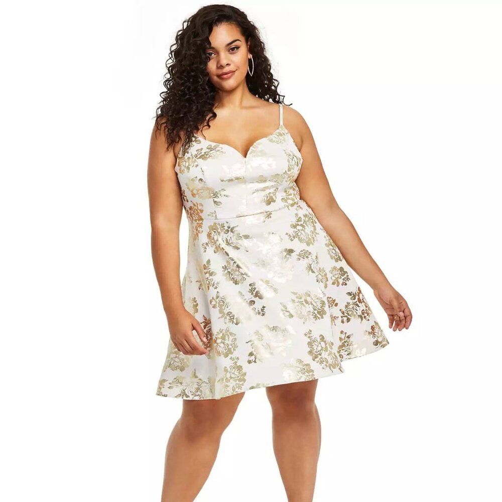 B. Darlin Plus Size Cream Metallic-Print A-Line Dress Size 16